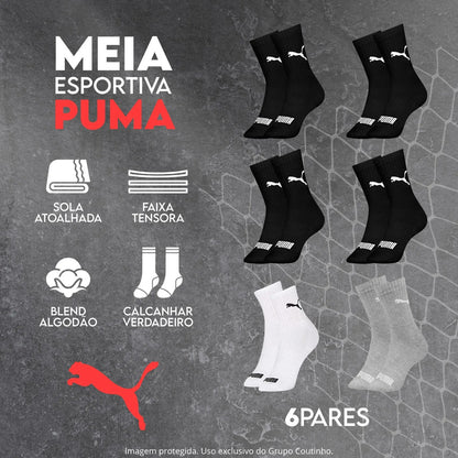 6 Pares Meias Puma Cano Médio Alto Atoalhada Academia Sport