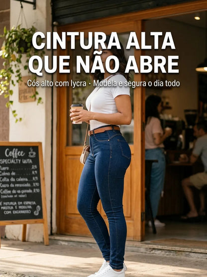 Calça Feminina Jeans Cintura Alta Skinny Levanta Bumbum