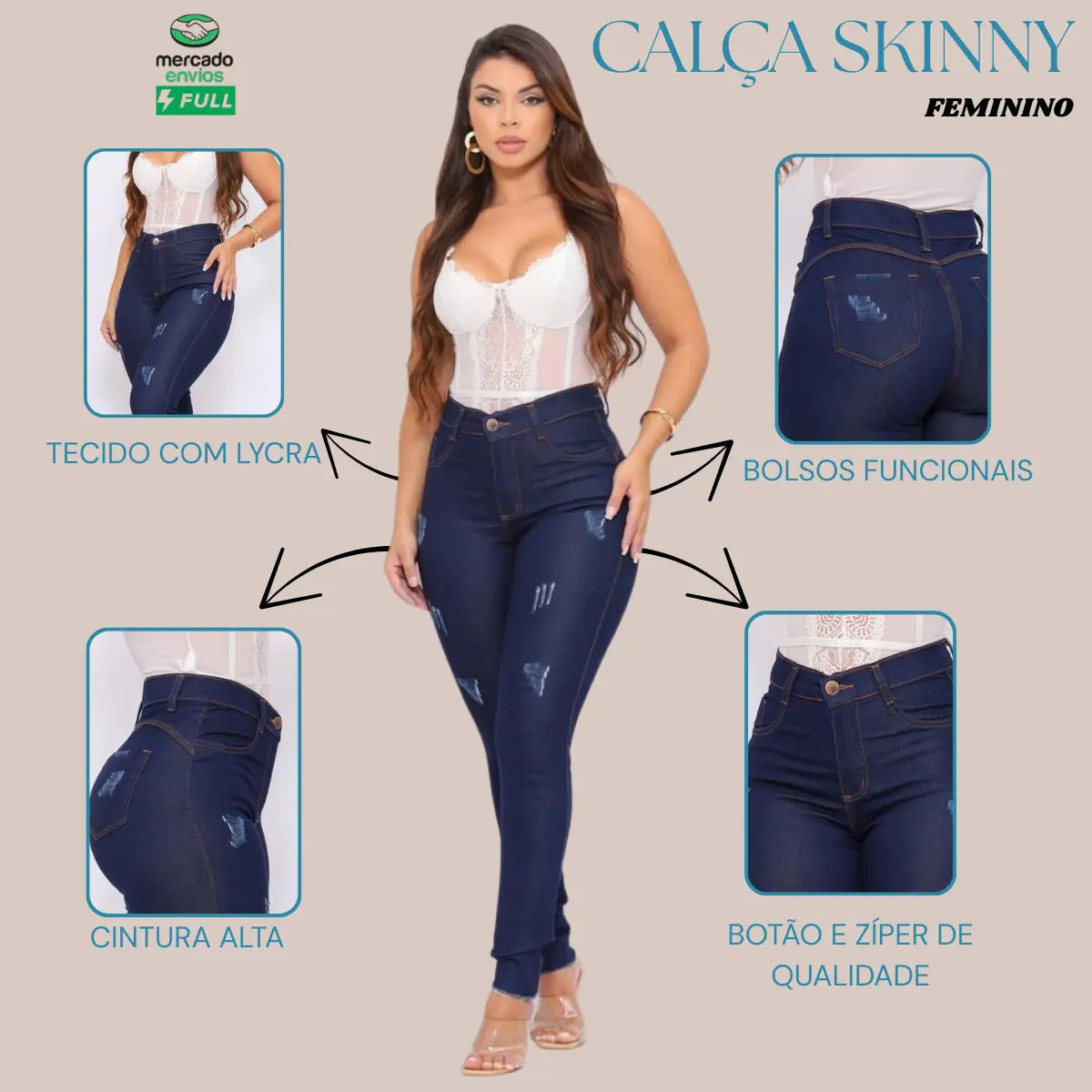 Calça Preta Jeans Feminina Com Elastano Cintura Alta Skinny