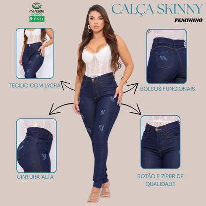 Calça Preta Jeans Feminina Com Elastano Cintura Alta Skinny