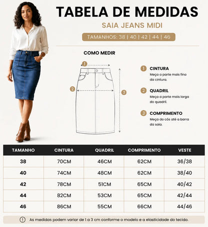 Saia Jeans Midi Lápis Belo Fio Cintura Alta Lycra Elegante