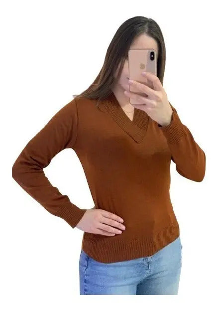 Blusa Trico Basica De Frio Feminina Decote V Manga Longa