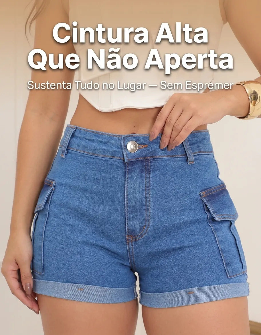 Short Jeans Feminino Shorts Cargo Com Lycra Cintura Alta