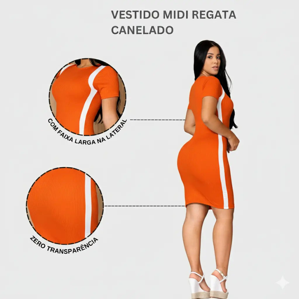 Vestido Canelado Curto Com Manga Casual Básico Modelador