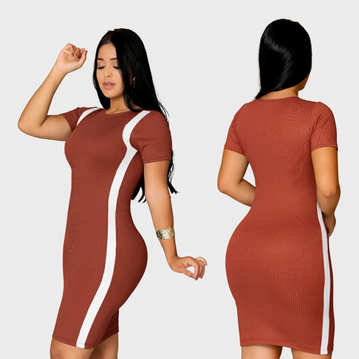 Vestido Canelado Curto Com Manga Casual Básico Modelador