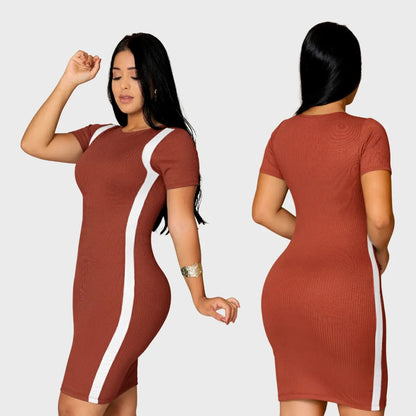 Vestido Canelado Curto Com Manga Casual Básico Modelador
