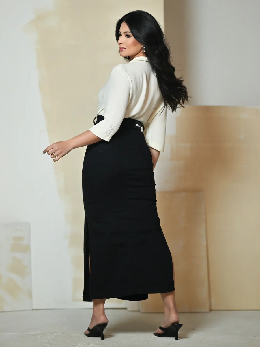 Saia Longa Jeans E Brim Abertura Lateral Elastano Anagrom