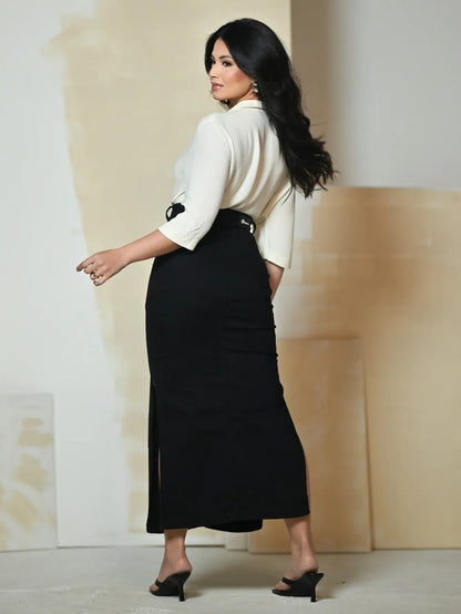 Saia Longa Jeans E Brim Abertura Lateral Elastano Anagrom