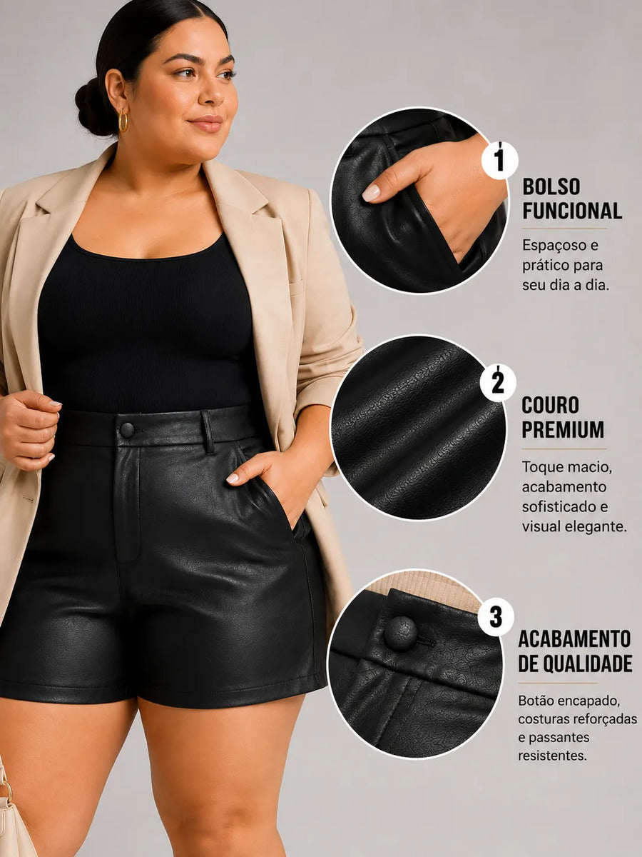 Bermuda Couro Fake Plus Size Feminina Cintura Alta Casual