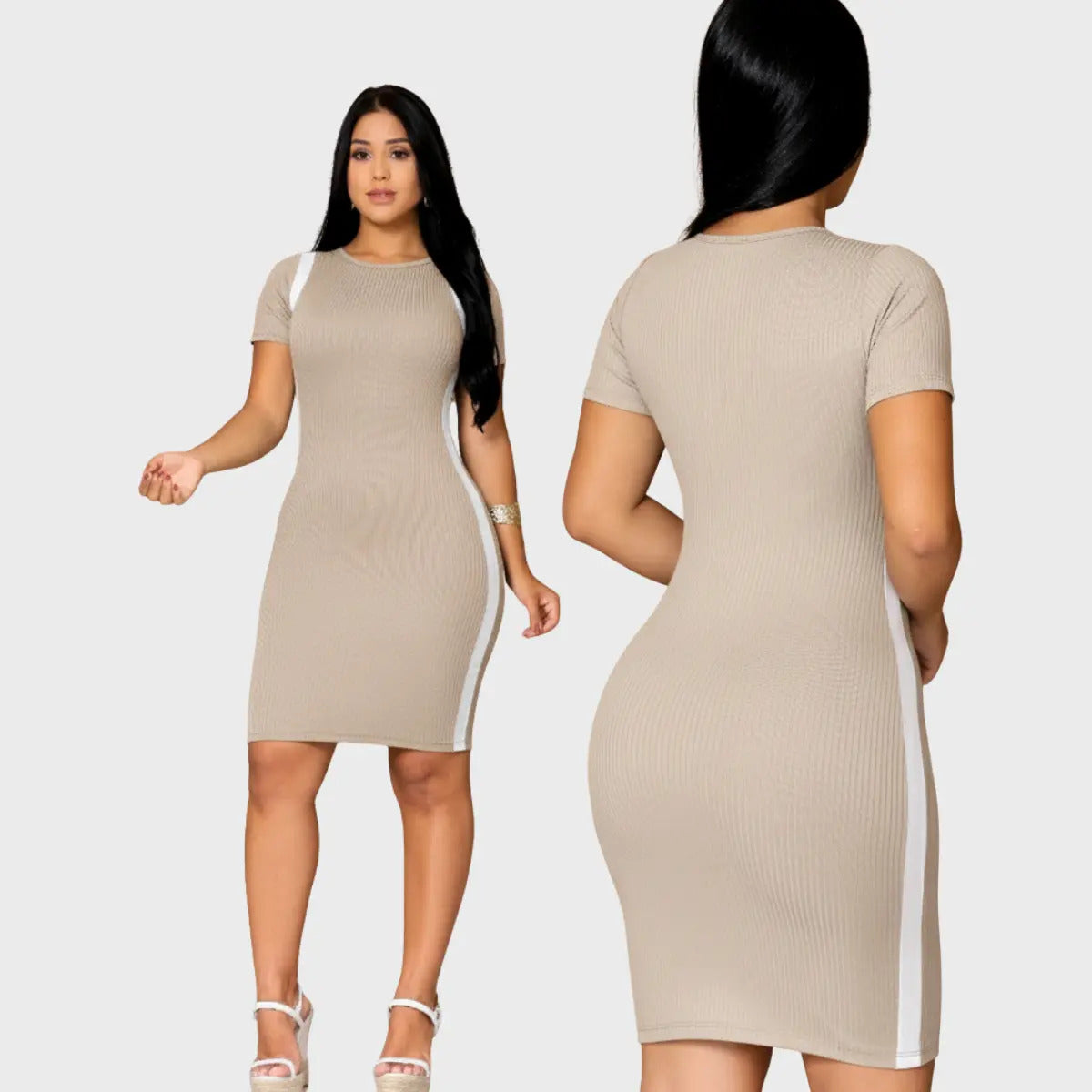 Vestido Canelado Curto Com Manga Casual Básico Modelador