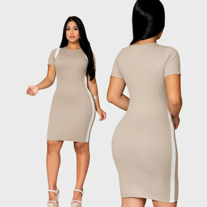 Vestido Canelado Curto Com Manga Casual Básico Modelador