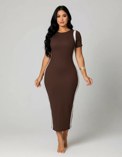 Vestido Canelado Curto Com Manga Casual Básico Modelador