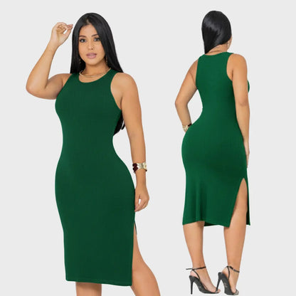 Vestido Canelado Midi Regata Com Fenda Zero Transparência
