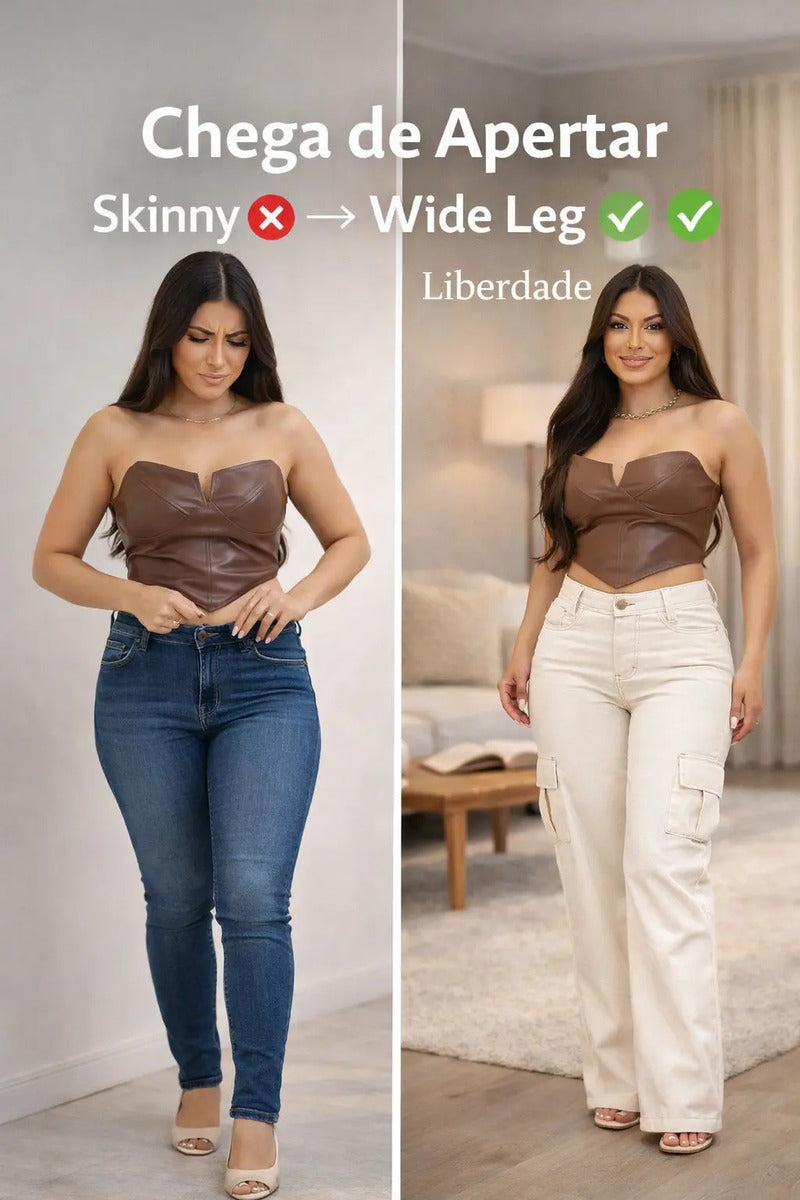 Calça Cargo Feminina Wide Leg Cintura Alta Jeans  Stillger