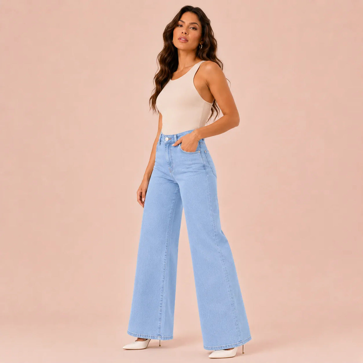 Calça Jeans Pantalona Wide Leg Feminina Cintura Alta Larga