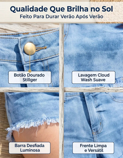 Short Jeans Feminino Cintura Alta Com Lycra Barra Desfiada
