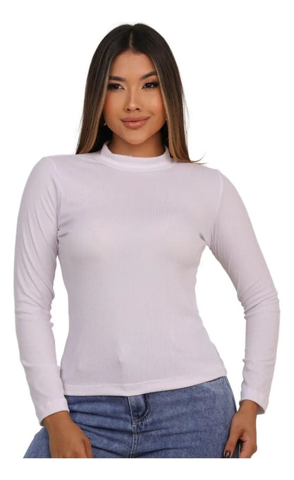 Blusa Feminina Canelada Gola Alta Manga Comprida Cacharrel