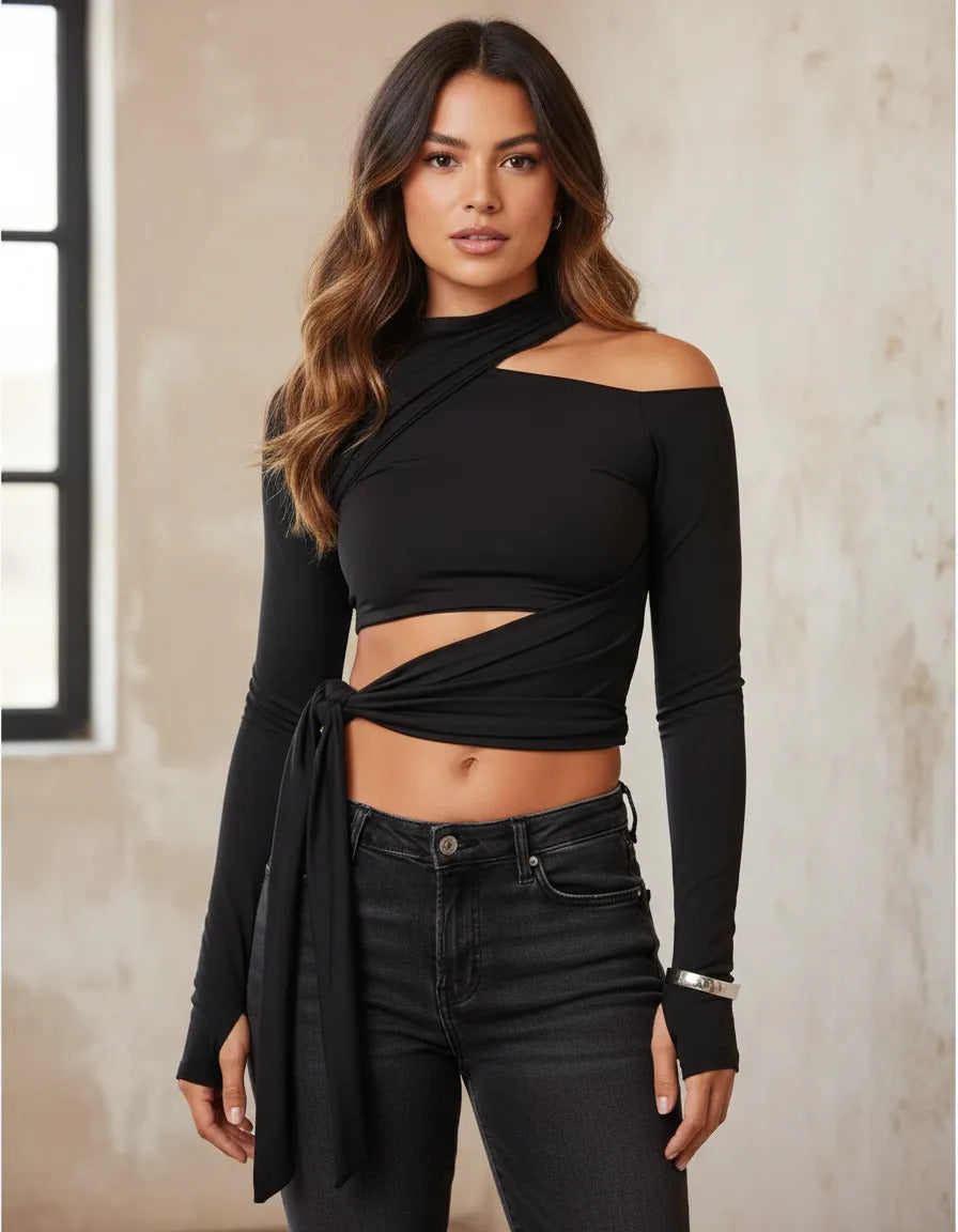 Blusa Cropped Feminina Manga Longa Ombrinho  Luvinha Amarrar