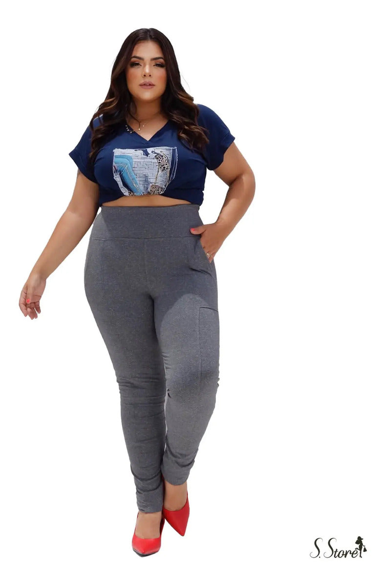 Calça Legging Plus Size Montaria Flanelada Forrada Cós Largo