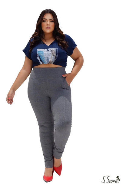 Calça Legging Plus Size Montaria Flanelada Forrada Cós Largo