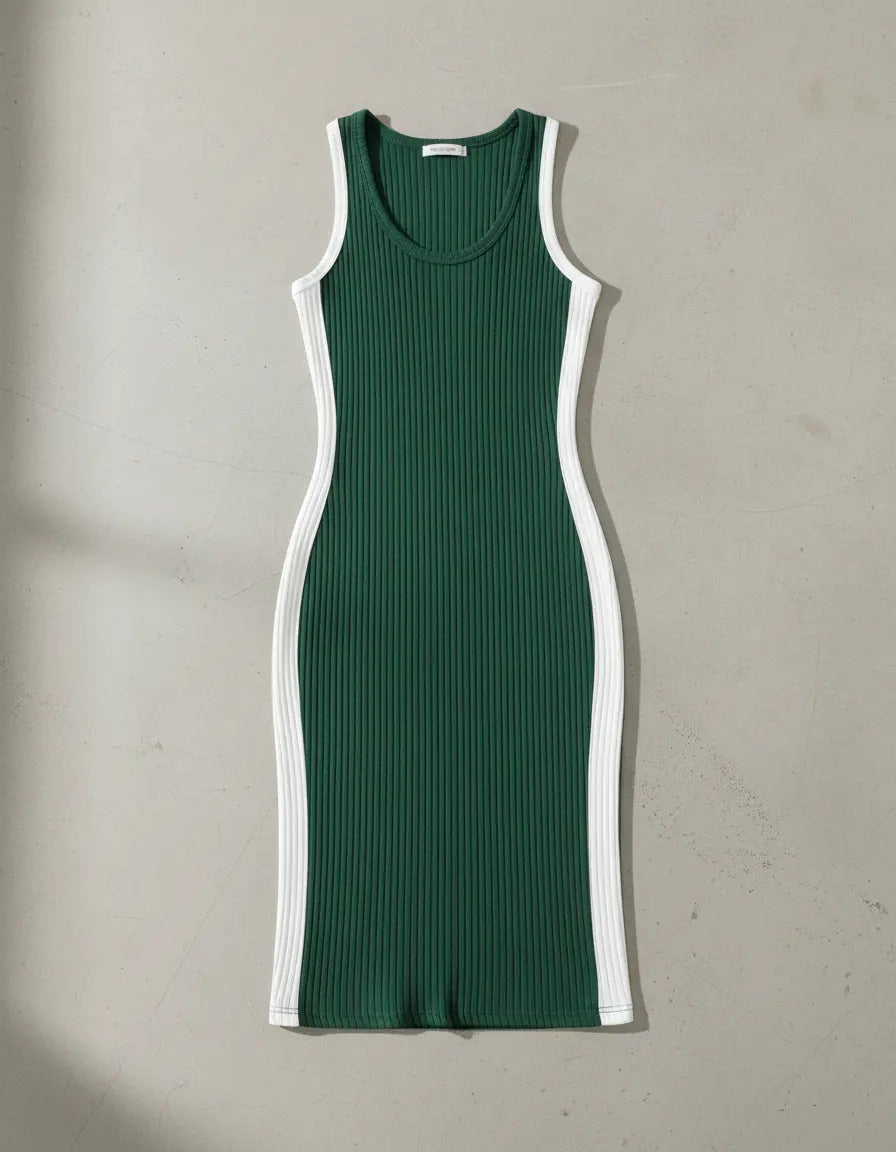 Vestido Canelado Midi Faixas Regata Casual Básico Modelador