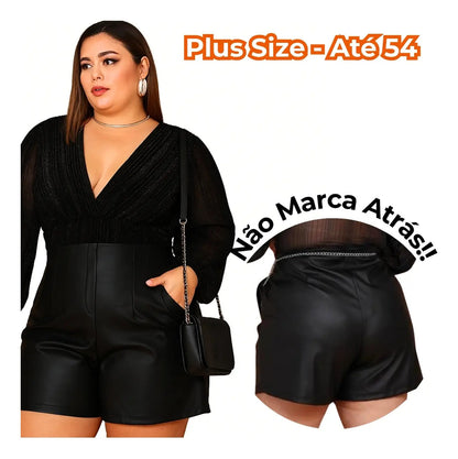 Short Couro Fake Feminino Plus Size Cintura Alta Festa Luxo