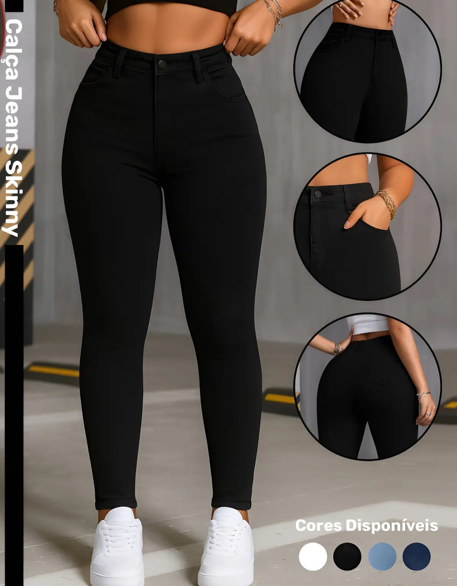 Calça Skinny Jeans Básica Feminina Cintura Alta Look Casual