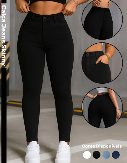 Calça Skinny Jeans Básica Feminina Cintura Alta Look Casual