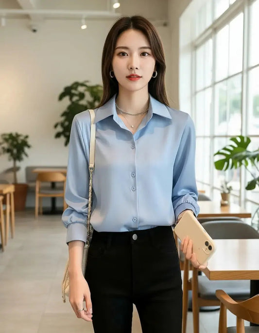Camisa Seda Feminina Botão Gringa Blusa Moda Clássica 2026