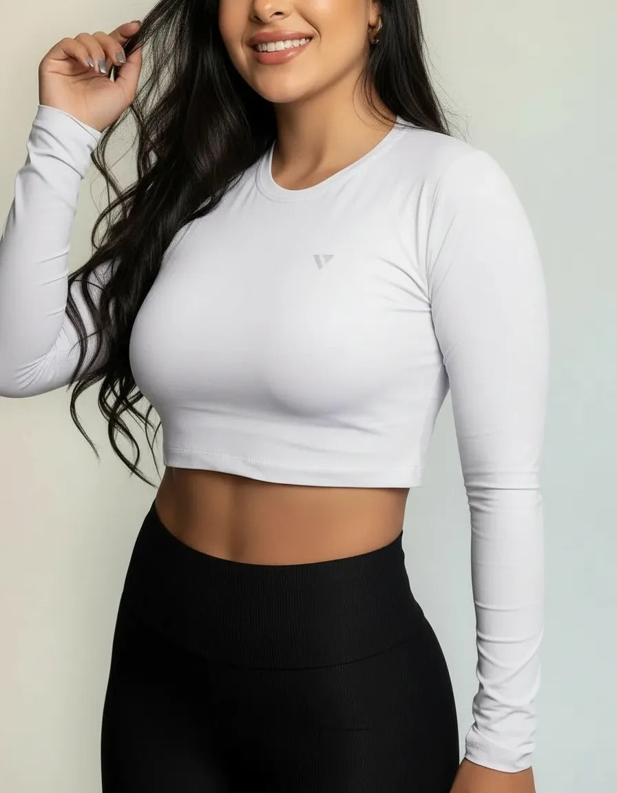 Cropped Feminina Poliamida Manga Longa Blusa Proteção Uv
