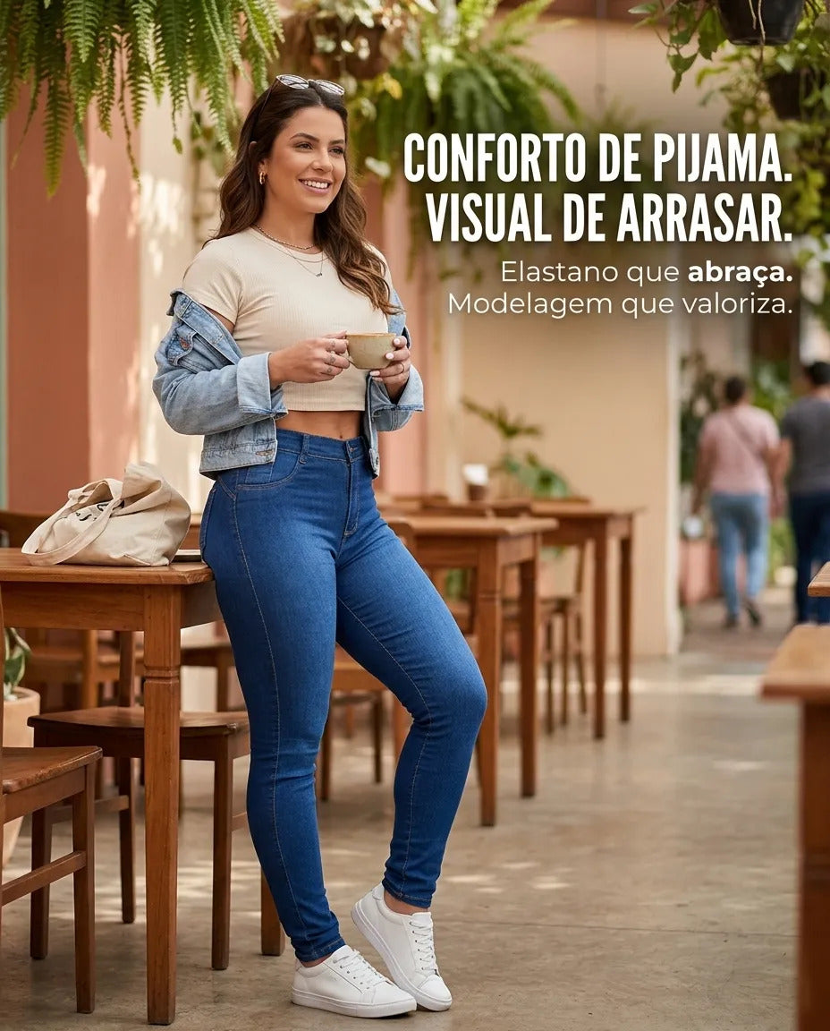 Calça Feminina Jeans Cintura Alta Skinny Levanta Bumbum