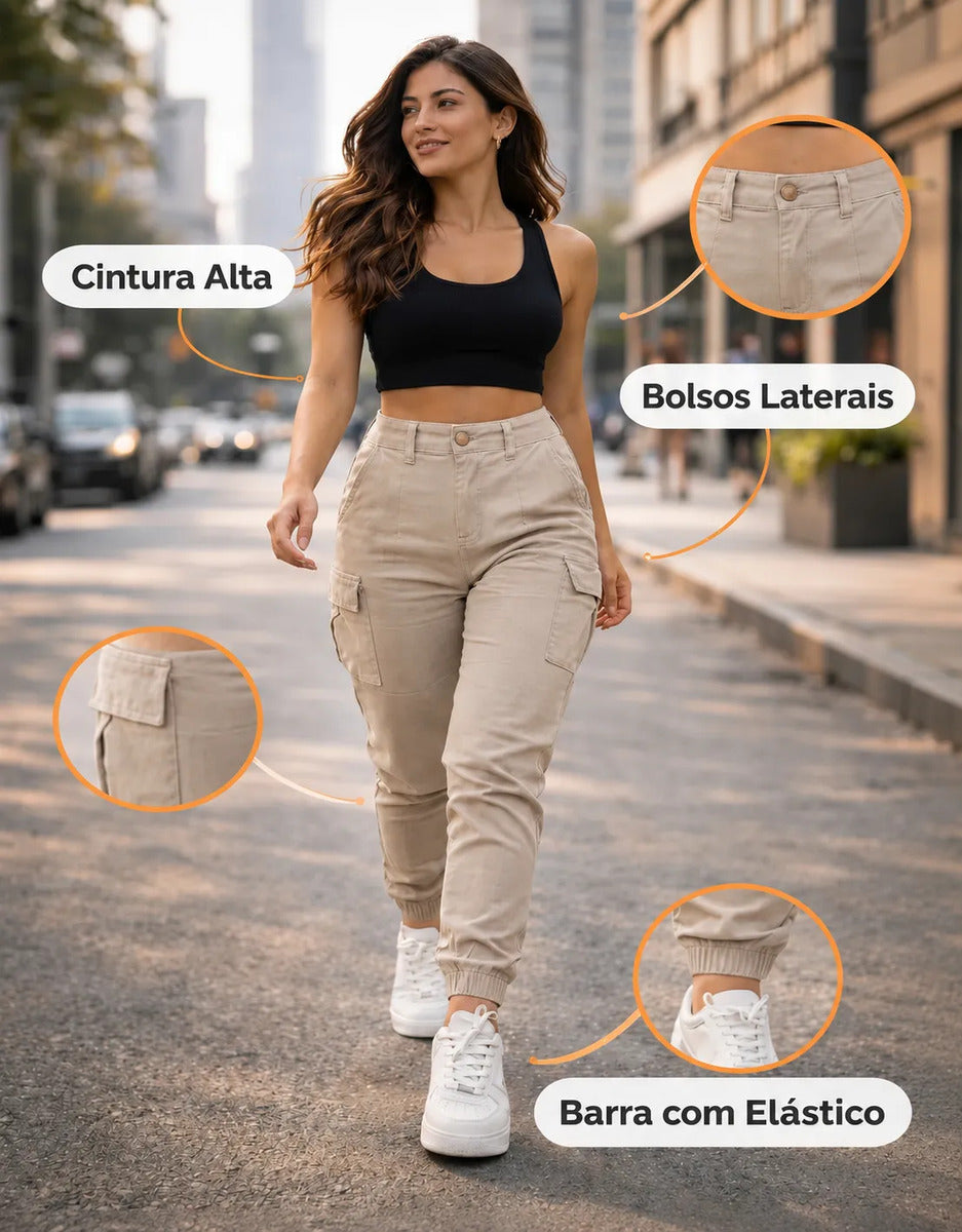 Calça Cargo Jogger Jeans Feminina Cintura Alta Com Lycra