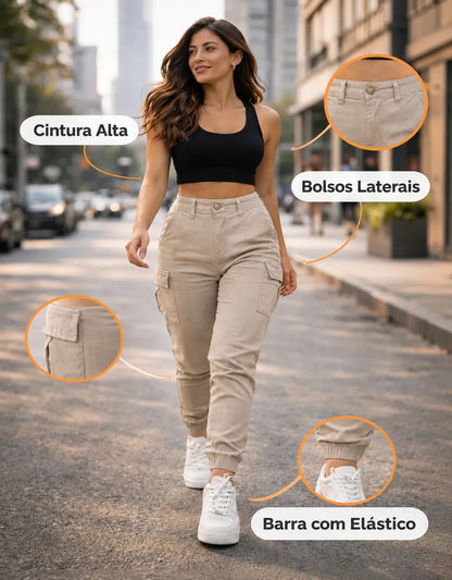Calça Cargo Jogger Jeans Feminina Cintura Alta Com Lycra
