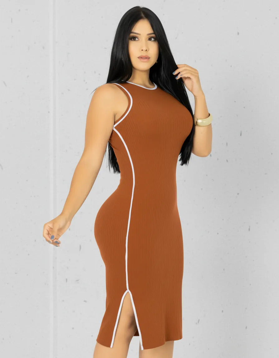 Vestido Midi Canelado Premium Regata Casual Básico Modelador