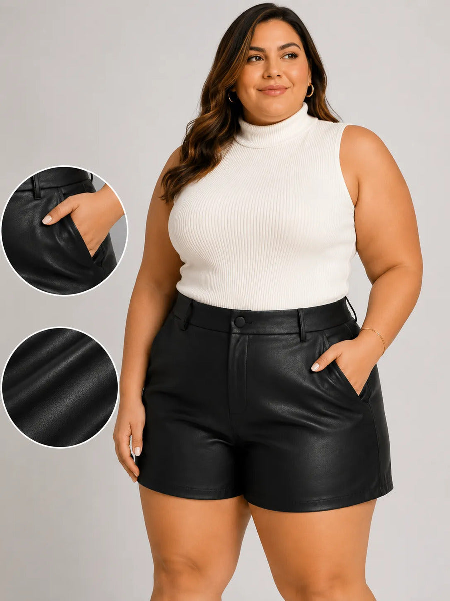 Bermuda Couro Fake Plus Size Feminina Cintura Alta Casual