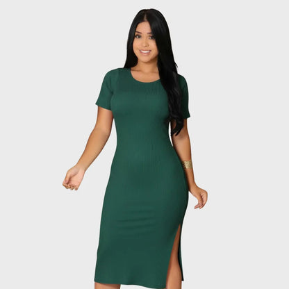 Vestido Canelado Midi Com Manga e Fenda Lateral Casual Básico