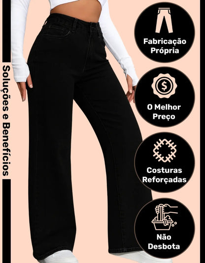Calça Wide Leg Jeans Feminina Reta Perna Larga Empina Bumbum