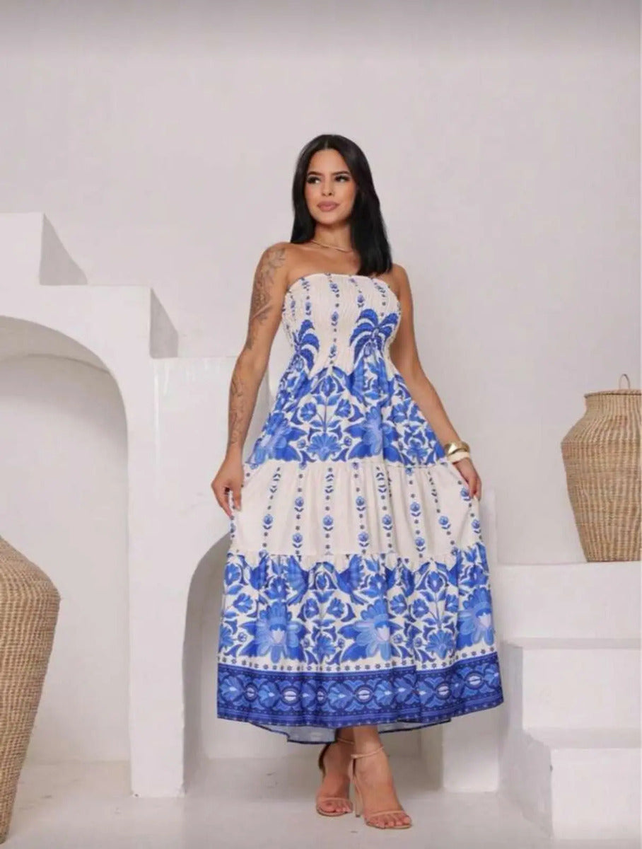Lightweight Elastic Floral Strapless Long Dress Summer Fashion