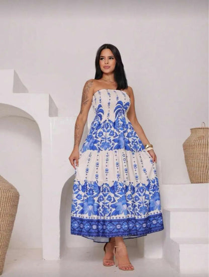 Lightweight Elastic Floral Strapless Long Dress Summer Fashion