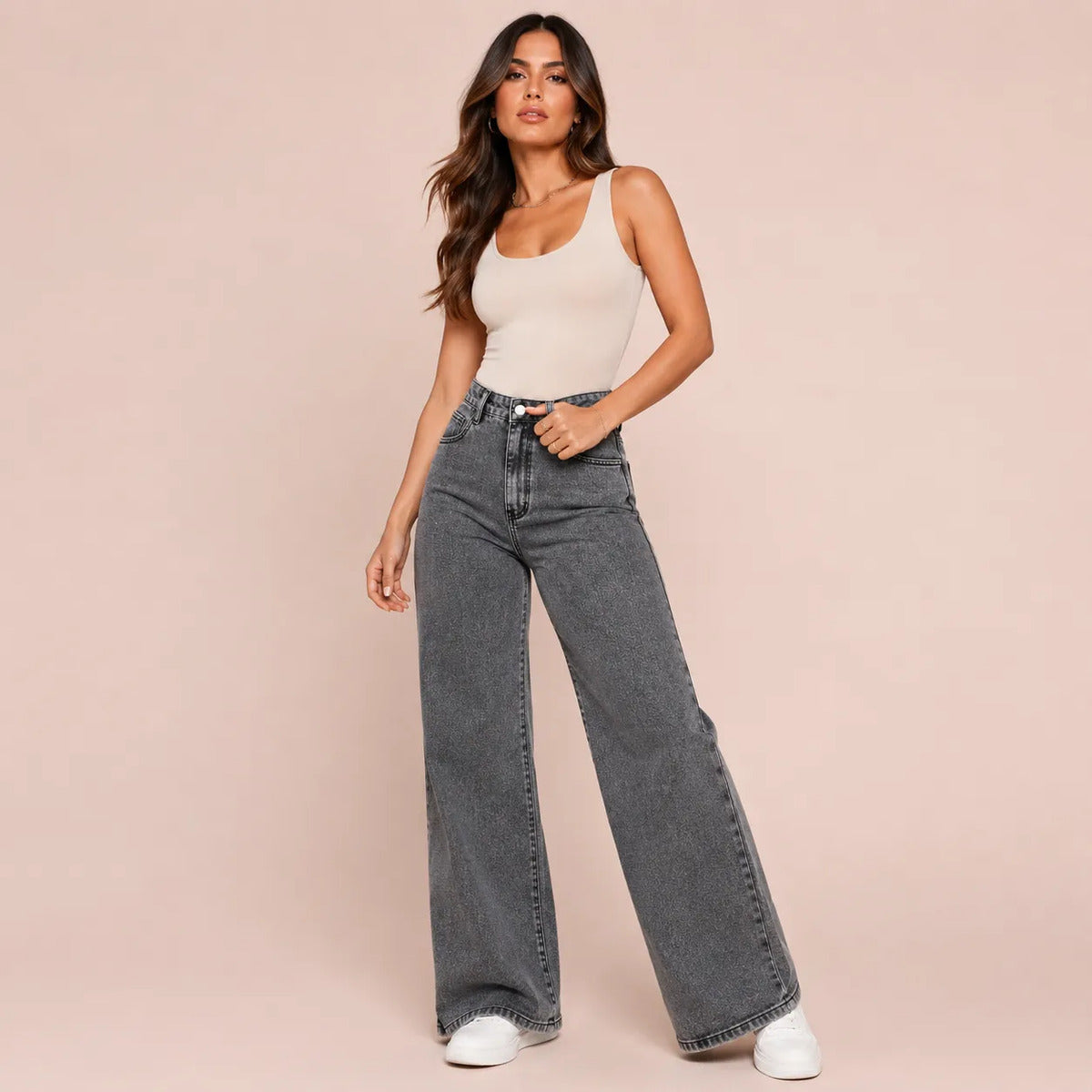 Calça Jeans Pantalona Wide Leg Feminina Cintura Alta Larga