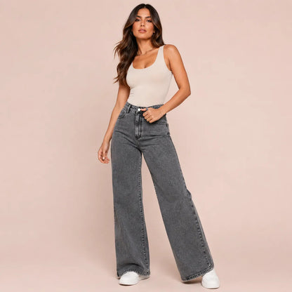 Calça Jeans Pantalona Wide Leg Feminina Cintura Alta Larga