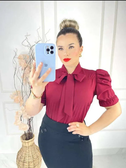 Blusa Emily Gola Laço Manga Curta Bufante
