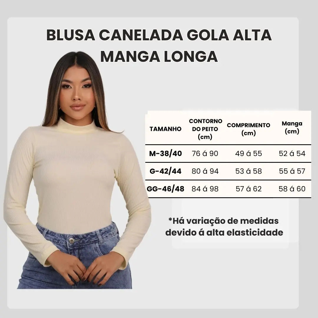 Blusa Feminina Canelada Gola Alta Manga Comprida Cacharrel