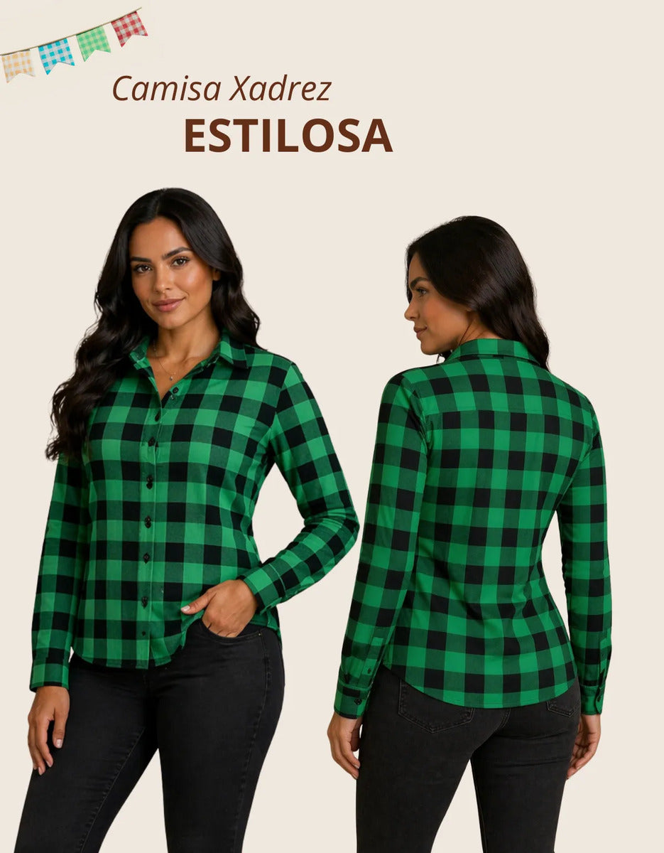Camisa Xadrez Longa Blusa Manga Festa Junina Social De Botão