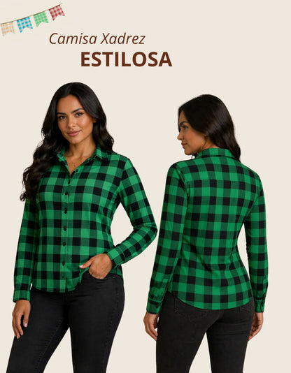Camisa Xadrez Longa Blusa Manga Festa Junina Social De Botão