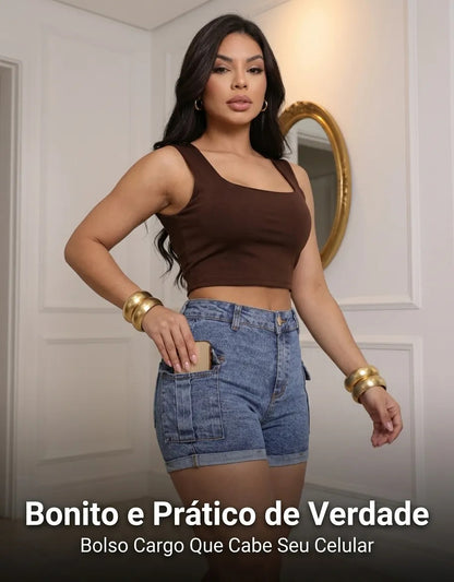 Short Jeans Feminino Shorts Cargo Com Lycra Cintura Alta