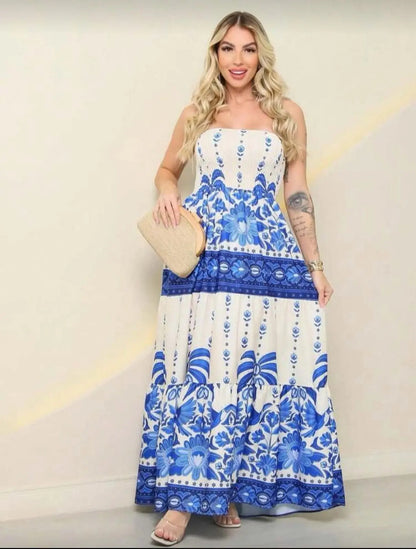 Lightweight Elastic Floral Strapless Long Dress Summer Fashion