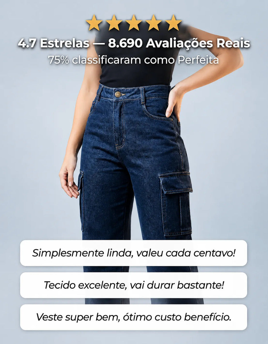 Calça Cargo Feminina Wide Leg Cintura Alta Jeans  Stillger