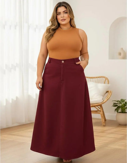 Saia Alfaiataria Plus Size Rodada Evasê Cós Alto Evangélica