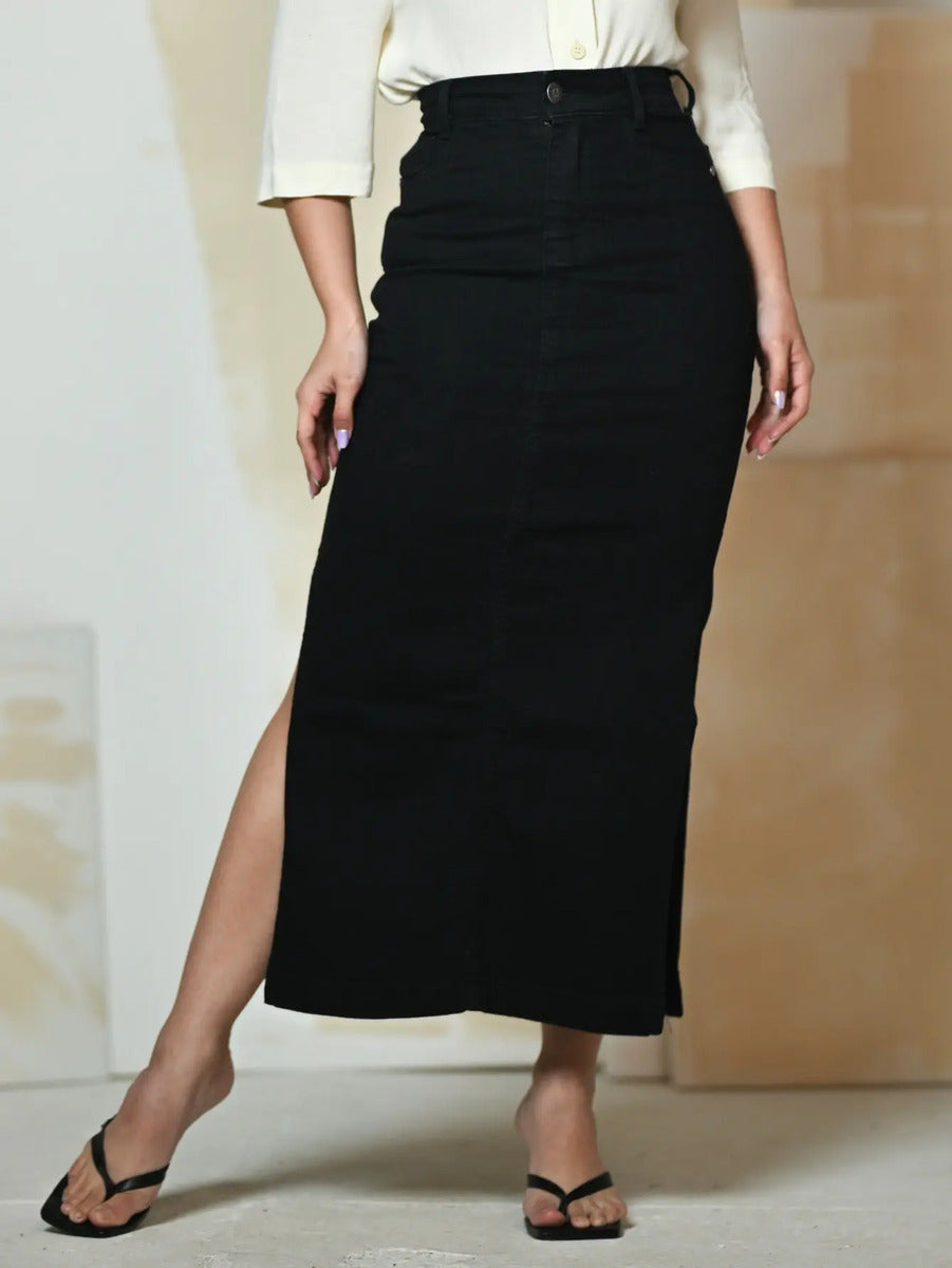 Saia Longa Jeans E Brim Abertura Lateral Elastano Anagrom